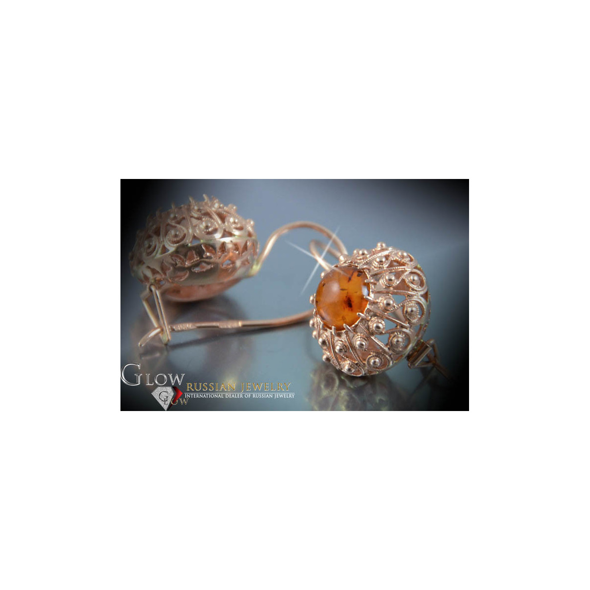 Boucles d’oreilles argentées soviétiques plaquées or rose 925 Amber veab007